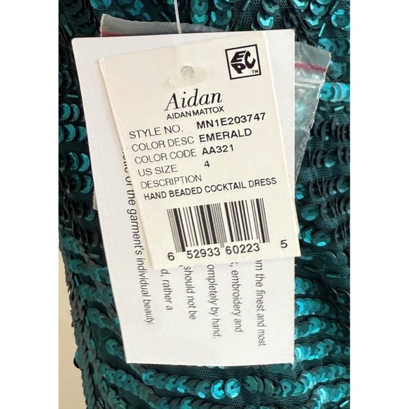 Aidan Mattox Sequin Beaded Cocktail Dress Emerald Green V Neck Long Sleeve US 4 - Picture 11 of 16